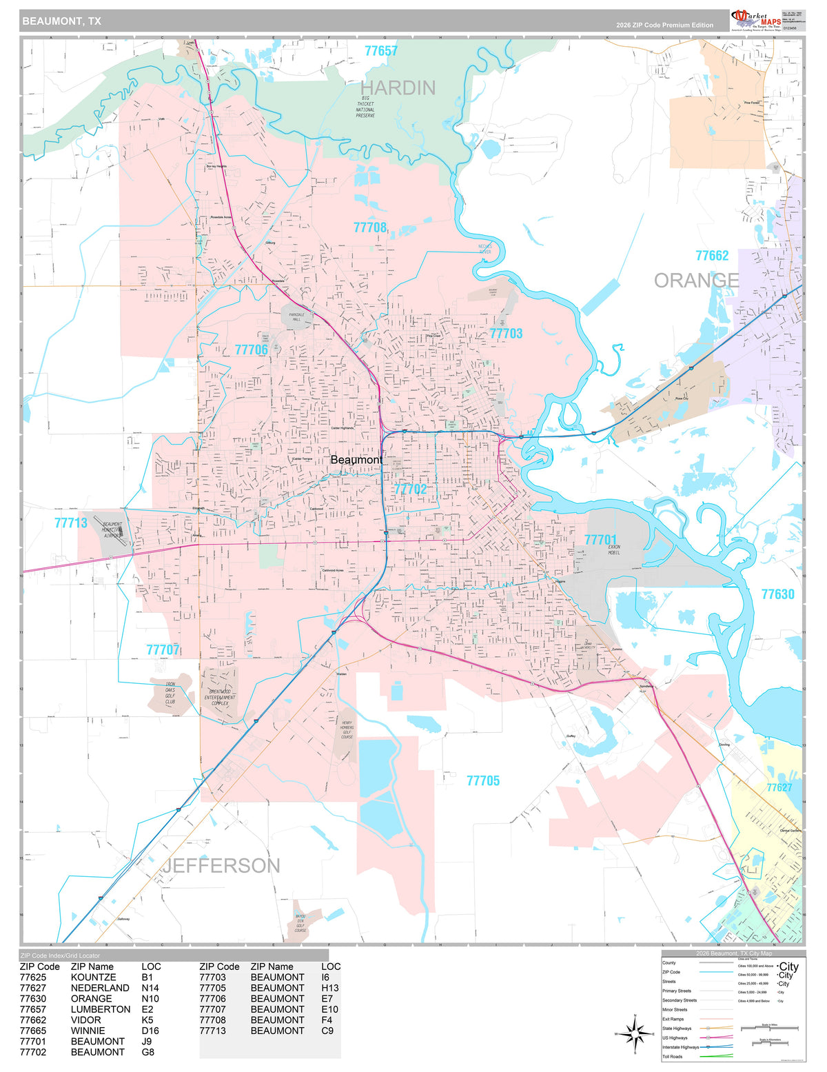 Premium Style Wall Map of Beaumont, TX
