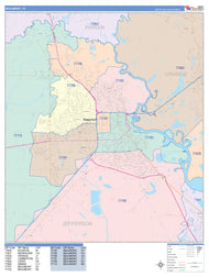 Colorcast Zip Code Style Wall Map of Beaumont, TX