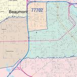 Colorcast Zip Code Style Wall Map of Beaumont, TX