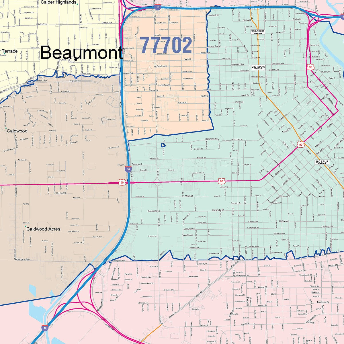 Colorcast Zip Code Style Wall Map of Beaumont, TX
