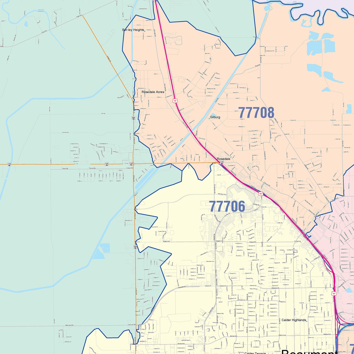 Colorcast Zip Code Style Wall Map of Beaumont, TX