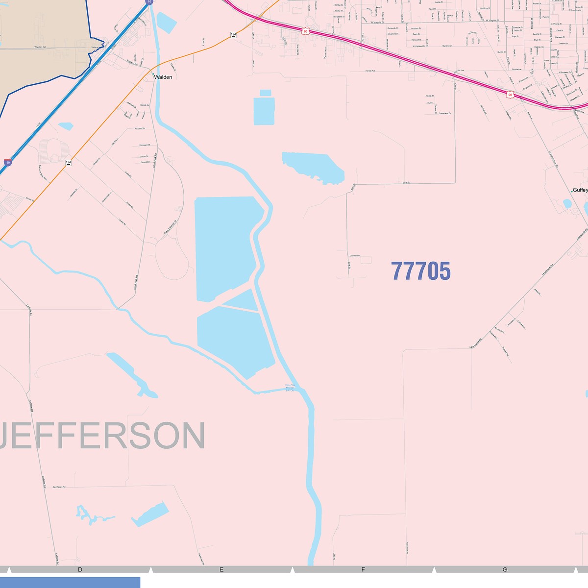 Colorcast Zip Code Style Wall Map of Beaumont, TX