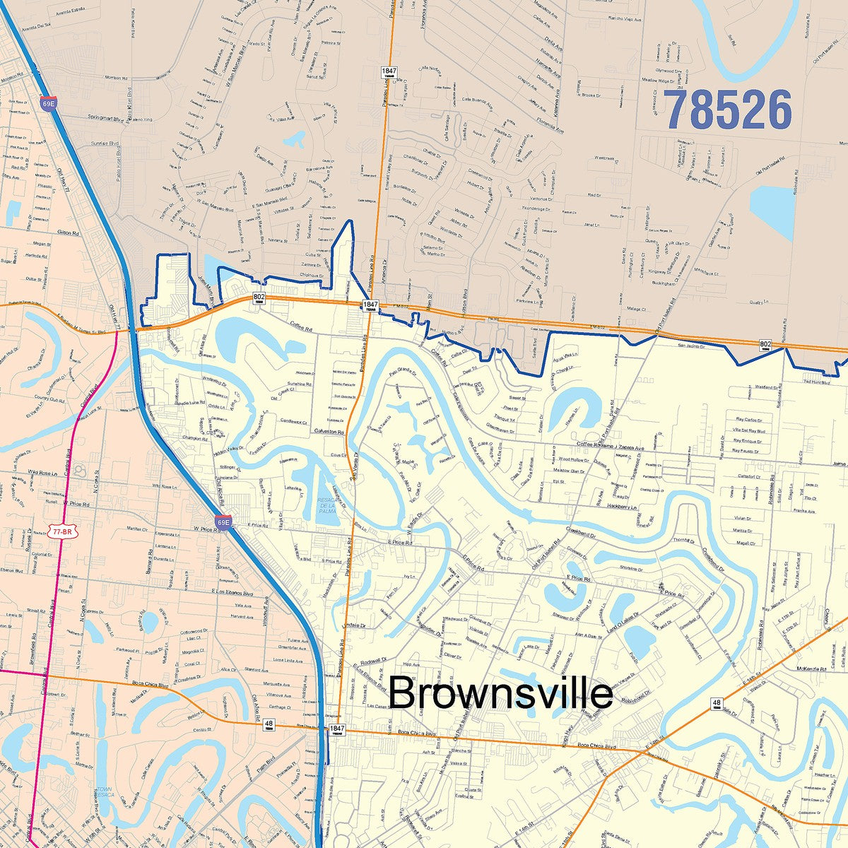 Colorcast Zip Code Style Wall Map of Brownsville, TX