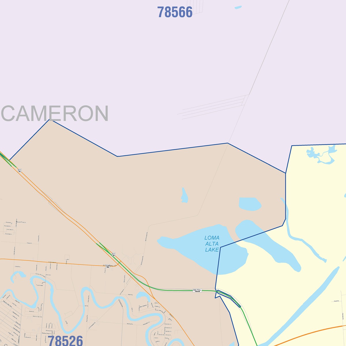 Colorcast Zip Code Style Wall Map of Brownsville, TX