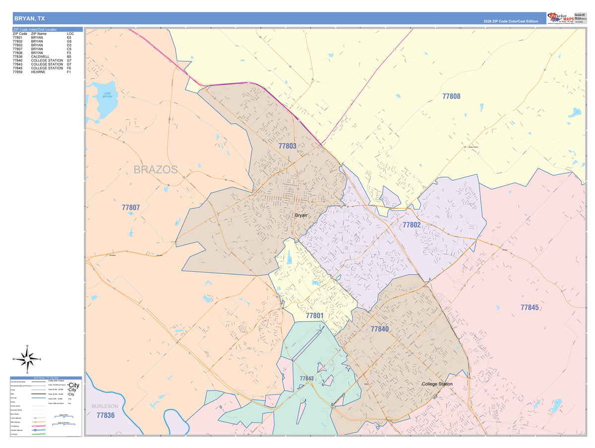 Colorcast Zip Code Style Wall Map of Bryan, TX