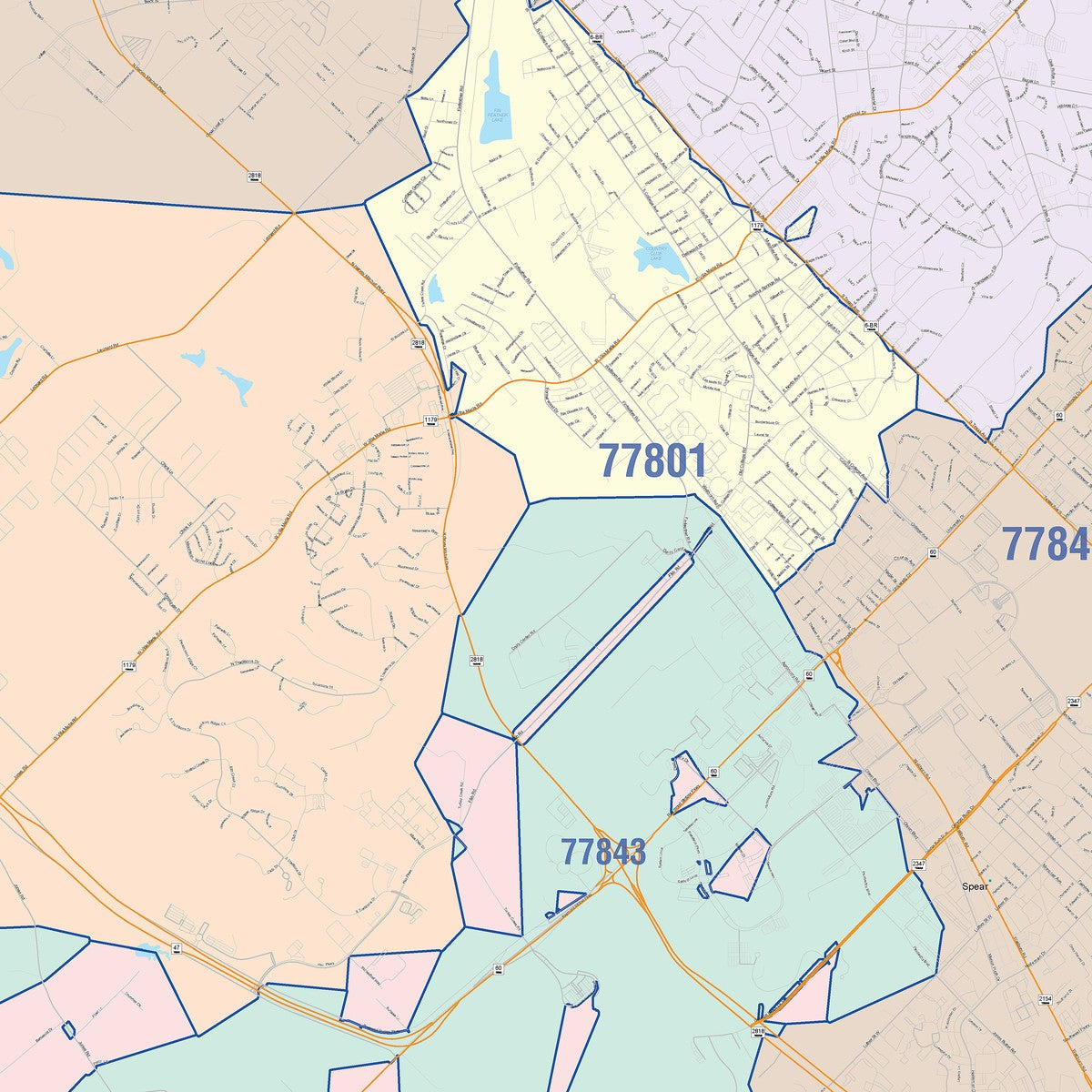 Colorcast Zip Code Style Wall Map of Bryan, TX