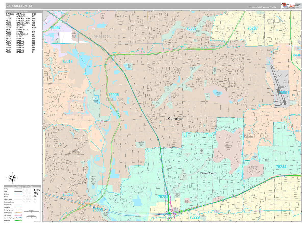 Premium Style Wall Map of Carrollton, TX