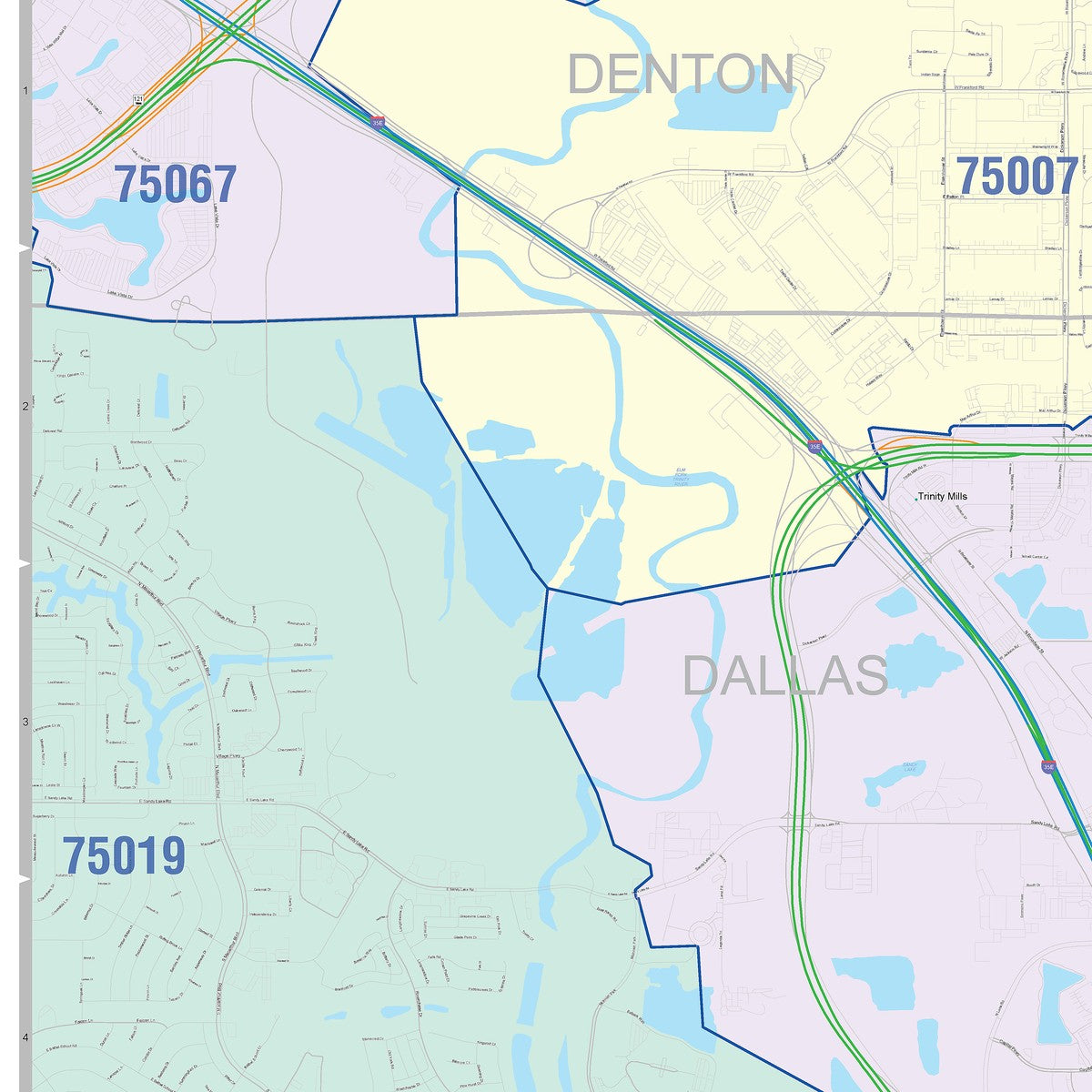 Colorcast Zip Code Style Wall Map of Carrollton, TX