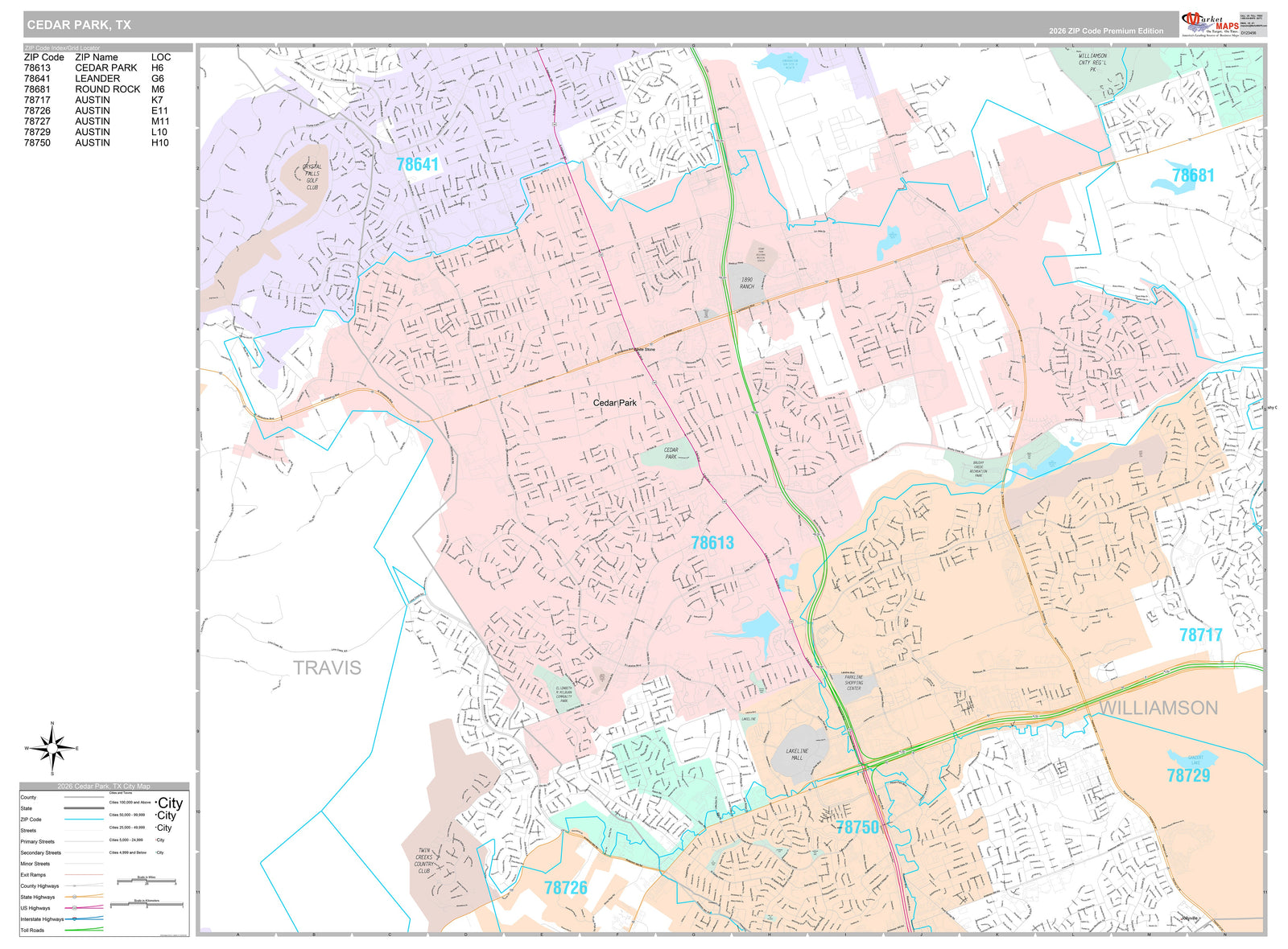 Premium Style Wall Map of Cedar Park, TX