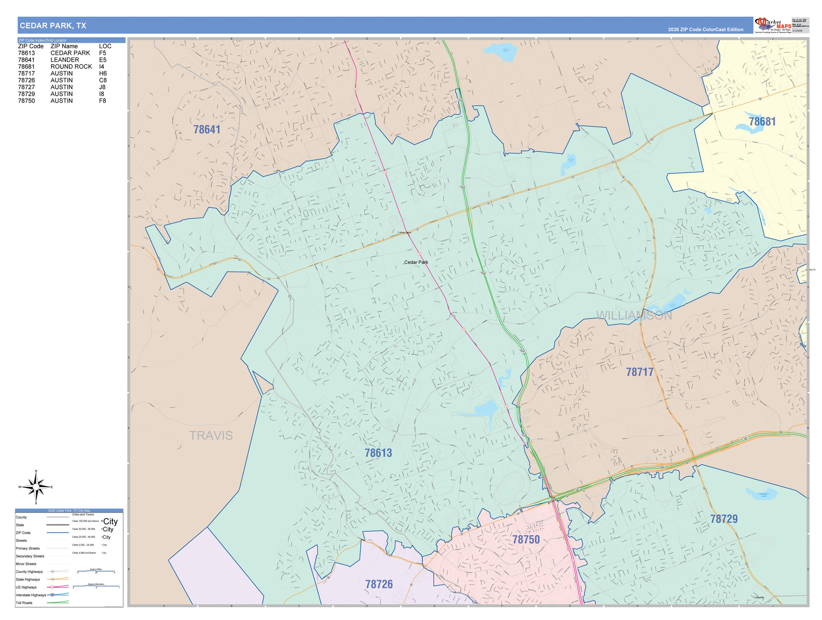 Colorcast Zip Code Style Wall Map of Cedar Park, TX