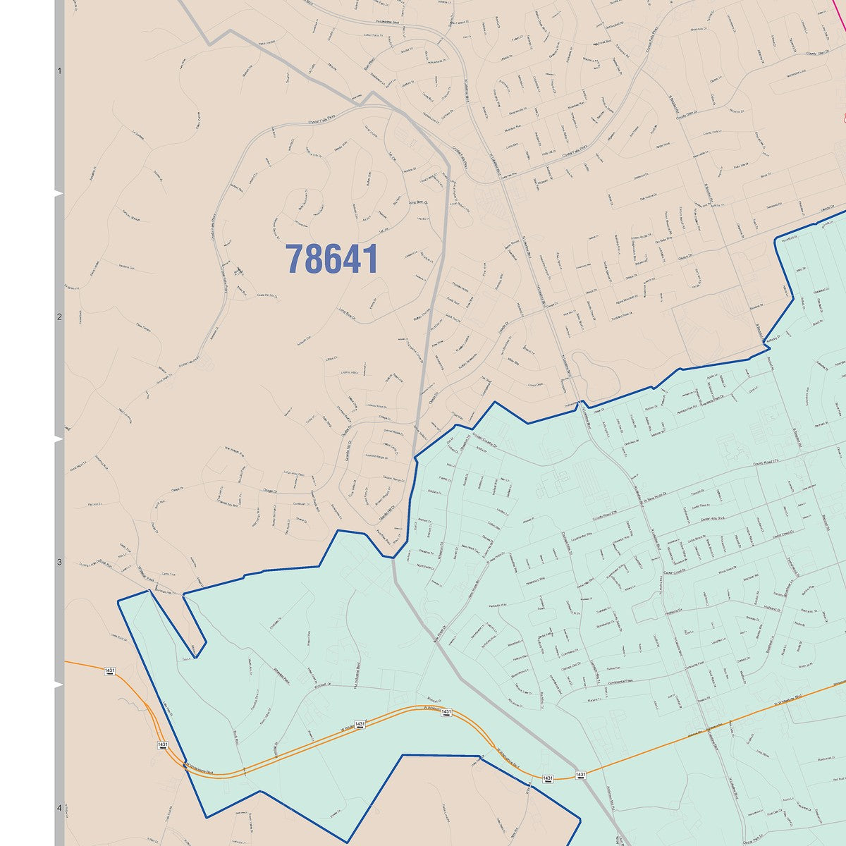 Colorcast Zip Code Style Wall Map of Cedar Park, TX