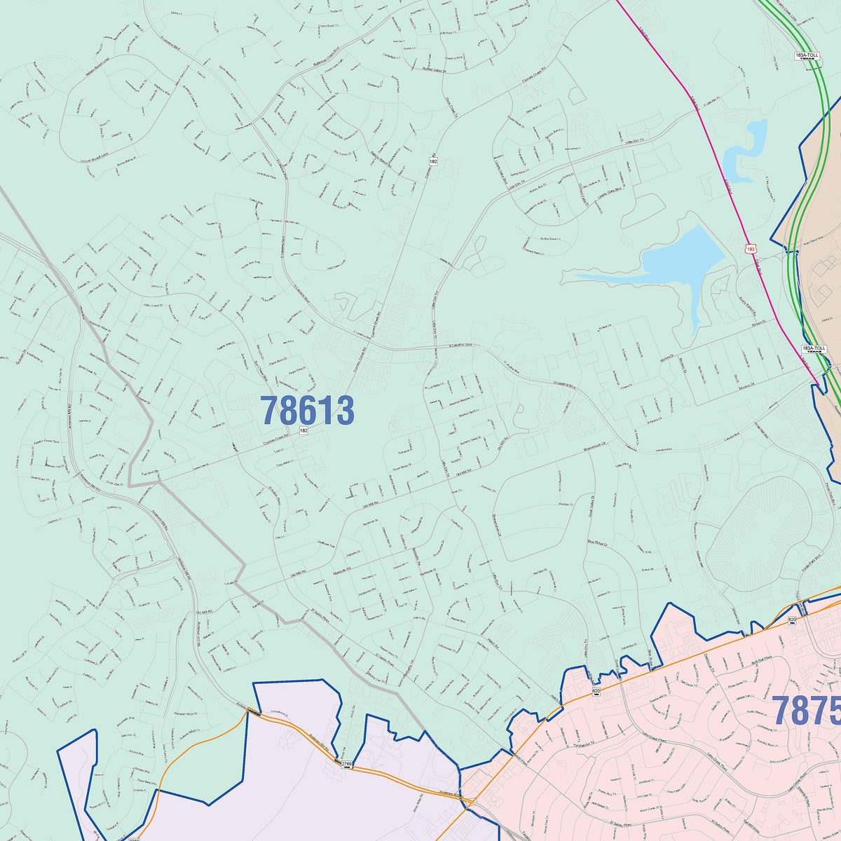 Colorcast Zip Code Style Wall Map of Cedar Park, TX