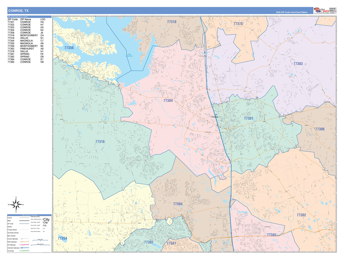 Colorcast Zip Code Style Wall Map of Conroe, TX