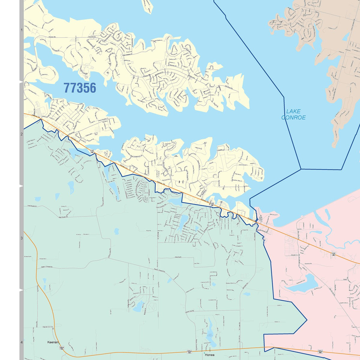 Colorcast Zip Code Style Wall Map of Conroe, TX