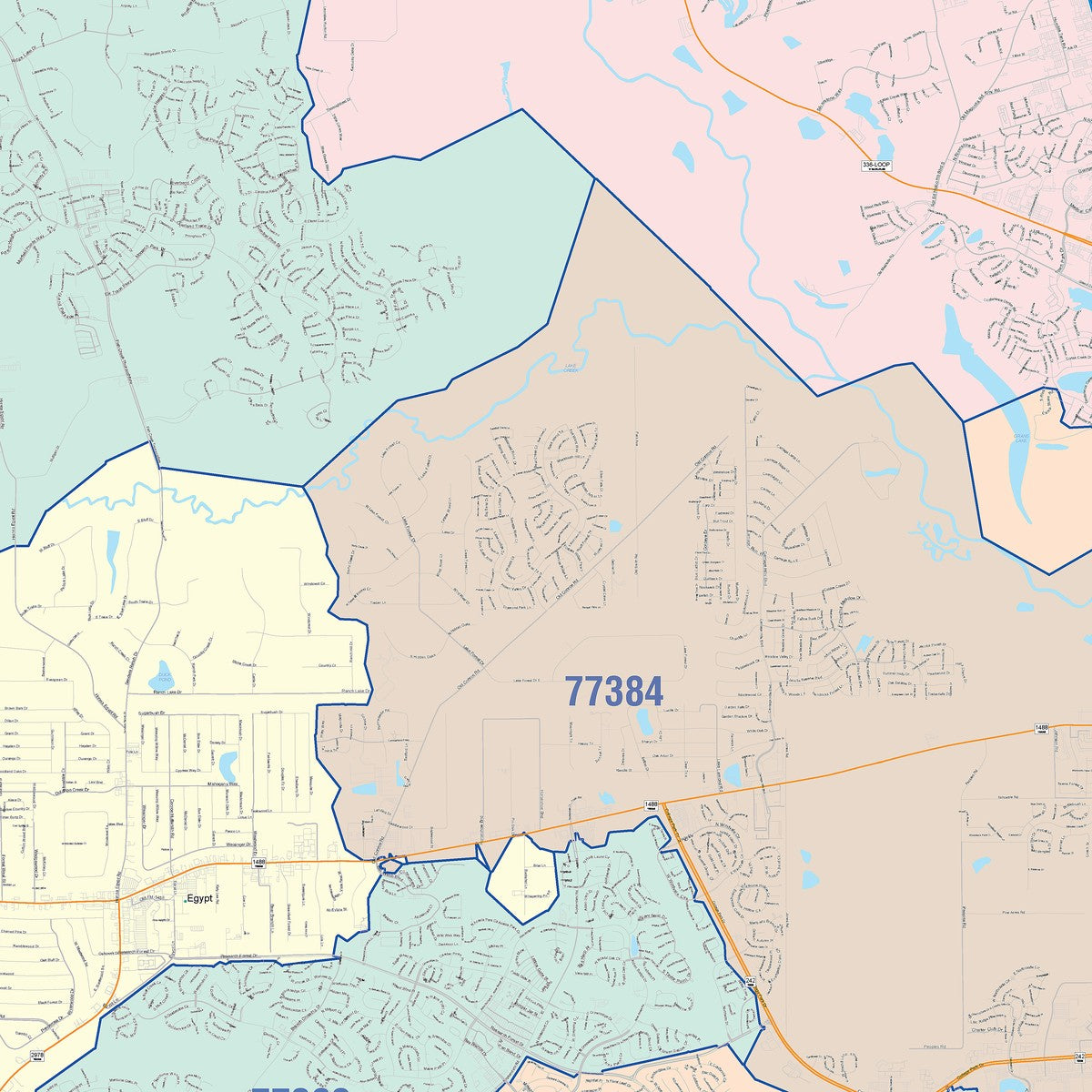 Colorcast Zip Code Style Wall Map of Conroe, TX