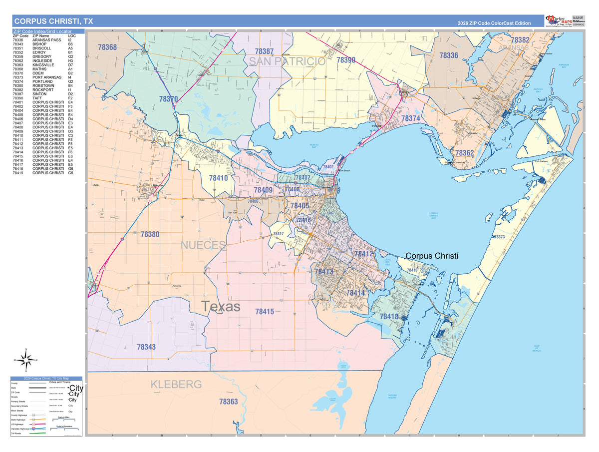 Colorcast Zip Code Style Wall Map of Corpus Christi, TX