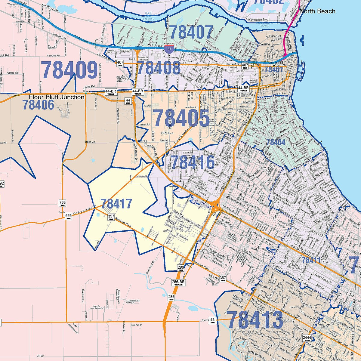 Colorcast Zip Code Style Wall Map of Corpus Christi, TX