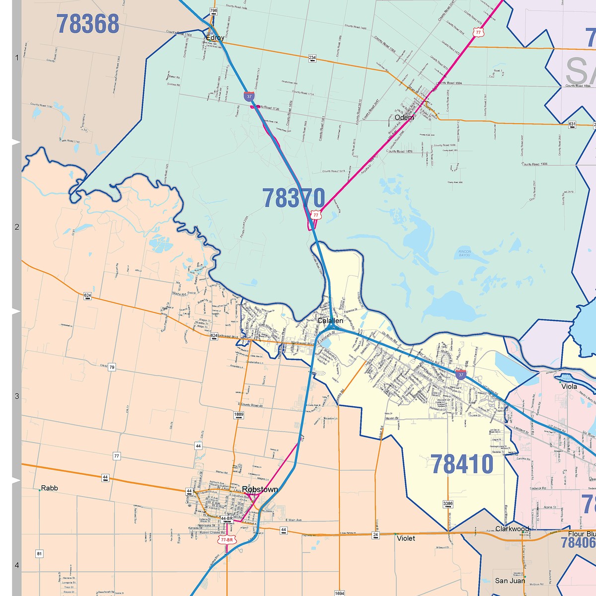 Colorcast Zip Code Style Wall Map of Corpus Christi, TX
