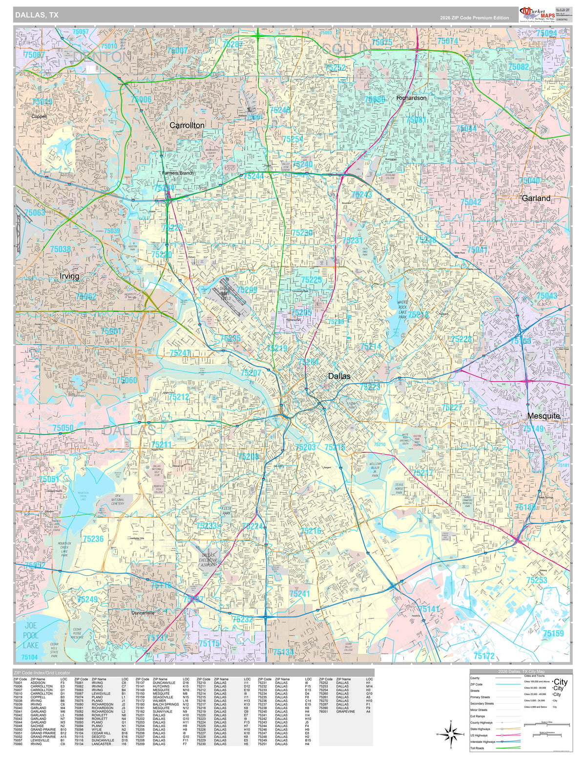 Premium Style Wall Map of Dallas, TX