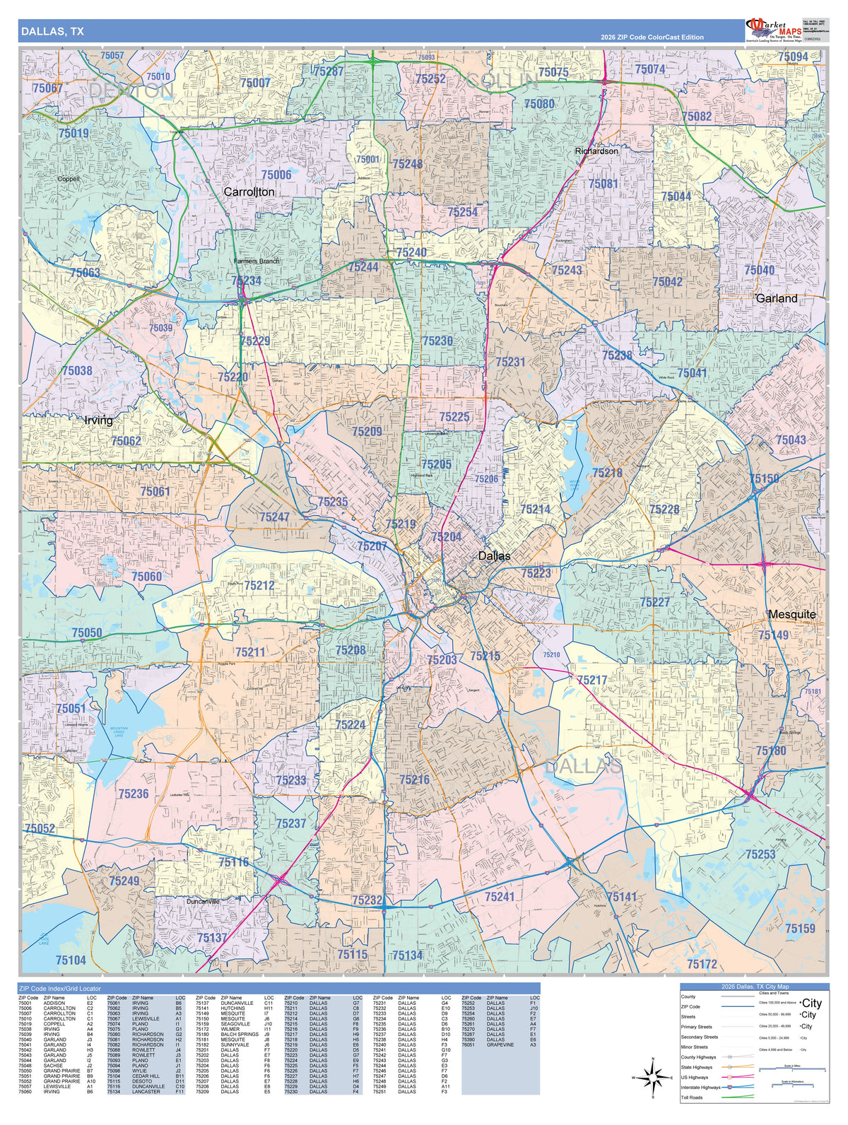 Colorcast Zip Code Style Wall Map of Dallas, TX