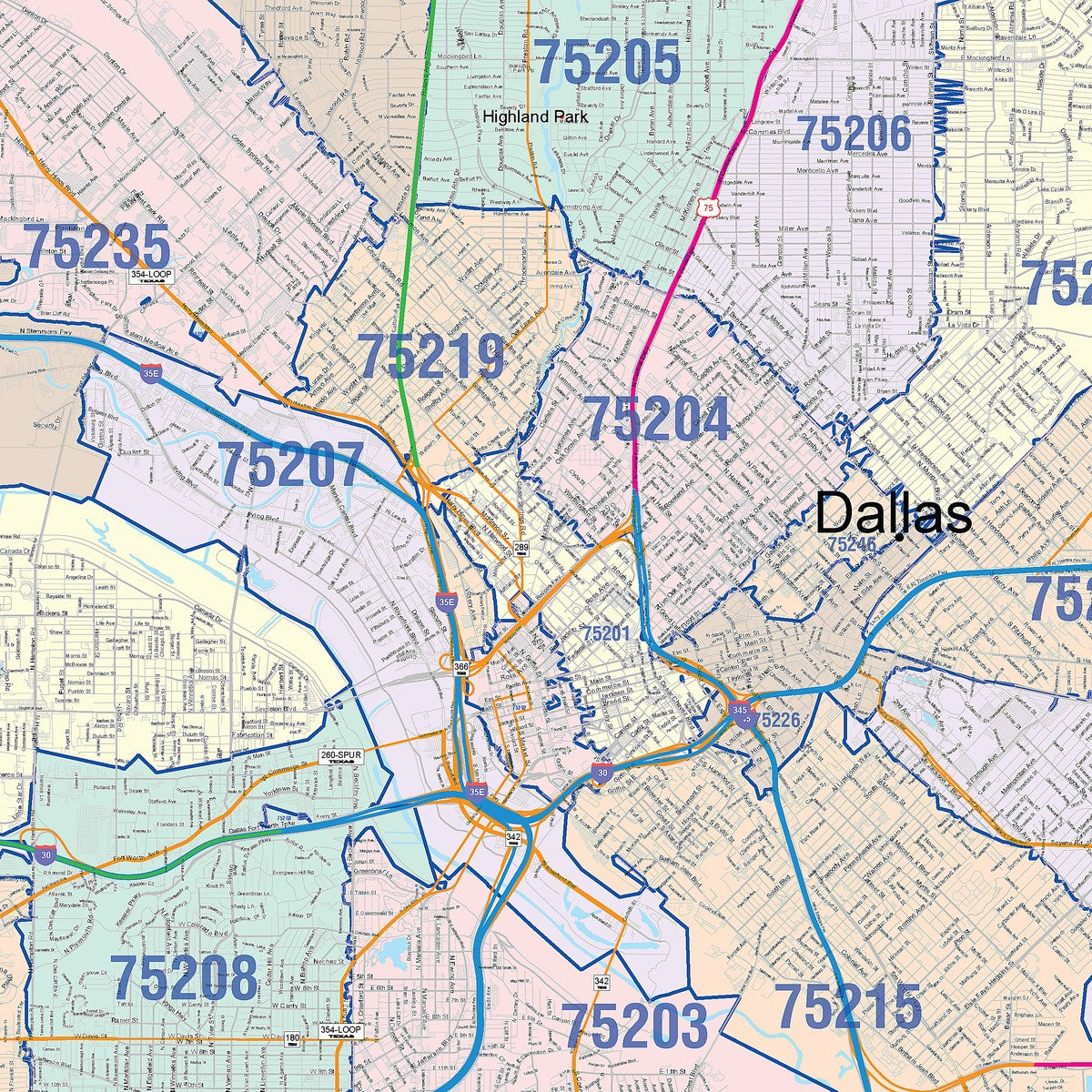 Colorcast Zip Code Style Wall Map of Dallas, TX