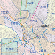 Colorcast Zip Code Style Wall Map of Dallas, TX