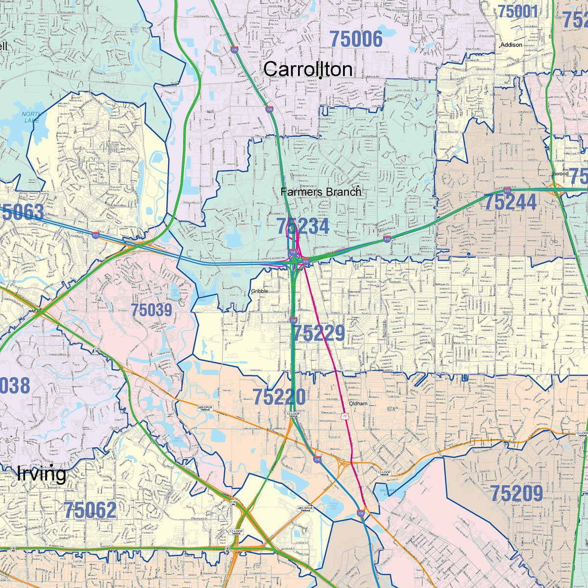 Colorcast Zip Code Style Wall Map of Dallas, TX