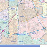 Colorcast Zip Code Style Wall Map of Dallas, TX