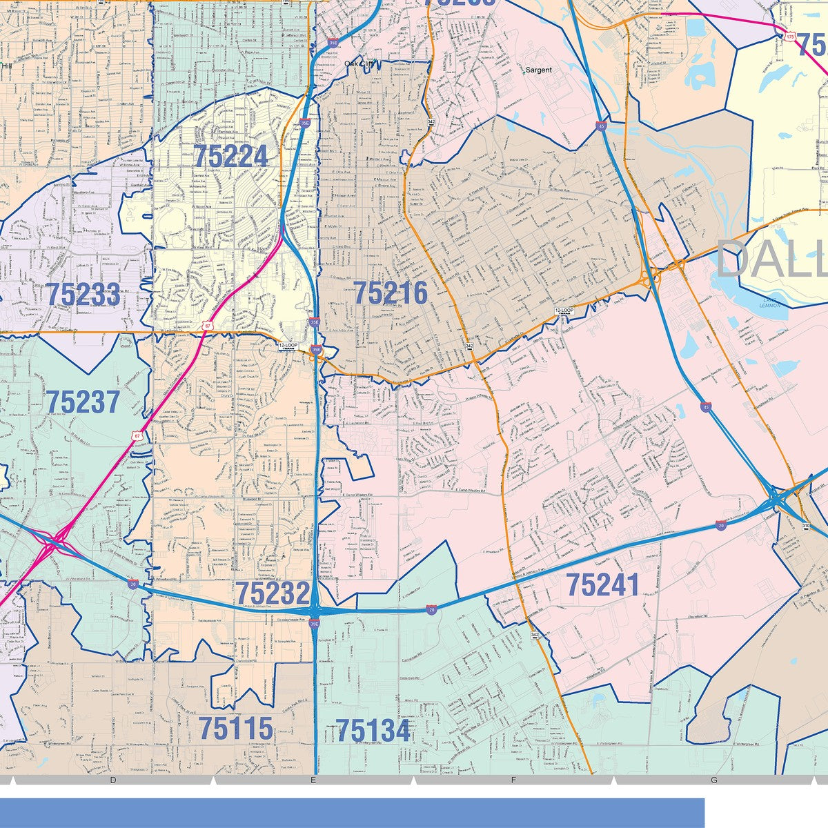 Colorcast Zip Code Style Wall Map of Dallas, TX