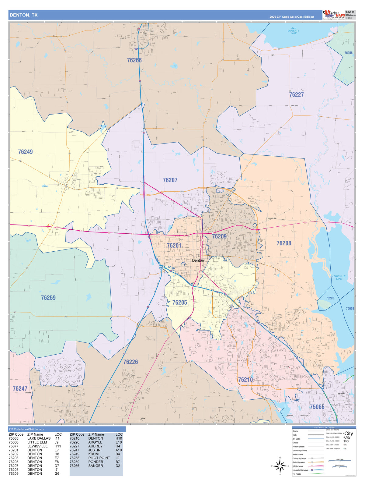 Colorcast Zip Code Style Wall Map of Denton, TX
