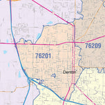 Colorcast Zip Code Style Wall Map of Denton, TX