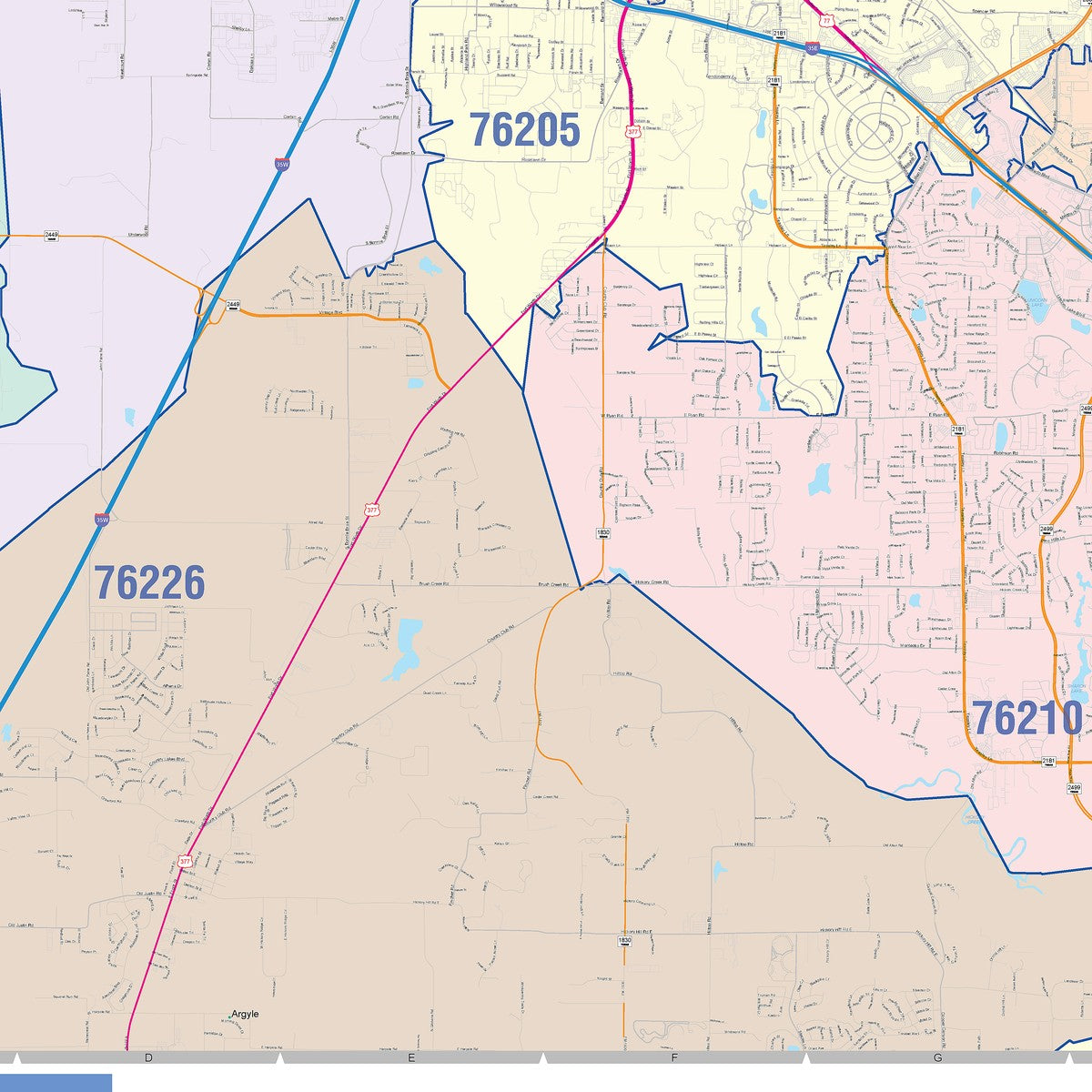 Colorcast Zip Code Style Wall Map of Denton, TX