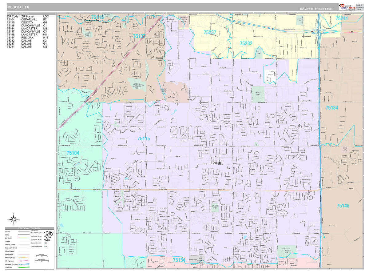 Premium Style Wall Map of DeSoto, TX