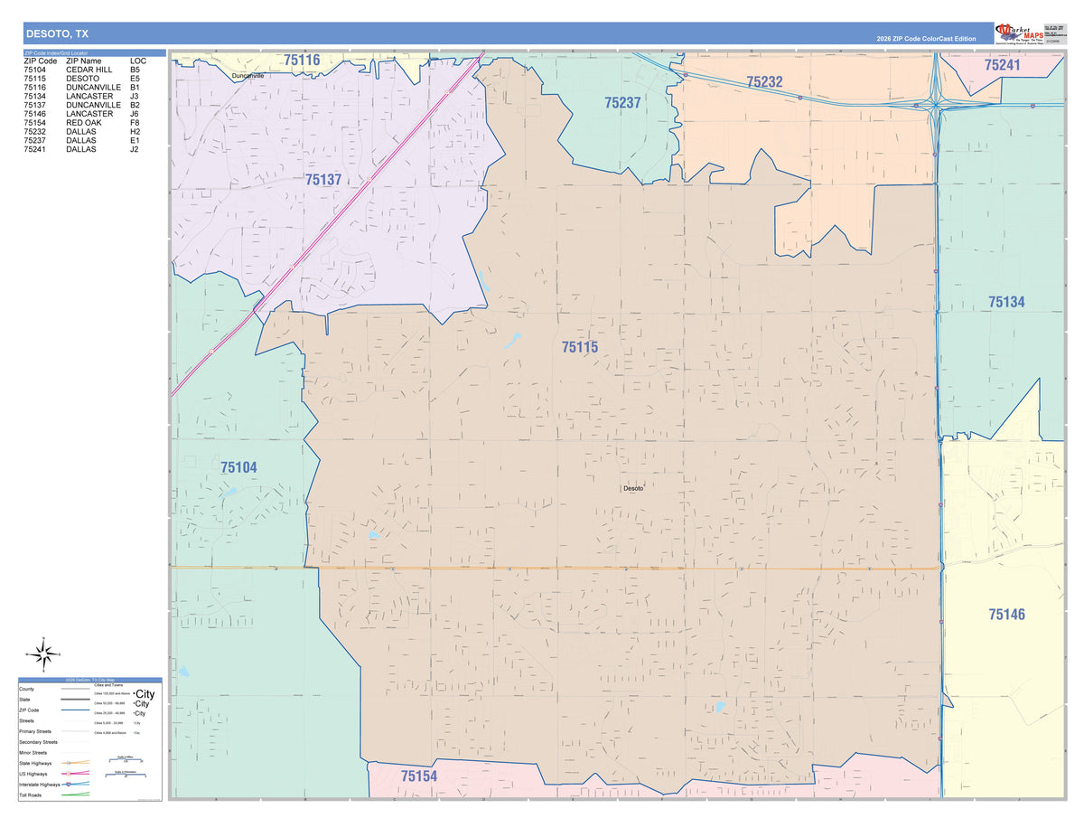 Colorcast Zip Code Style Wall Map of Desoto, TX