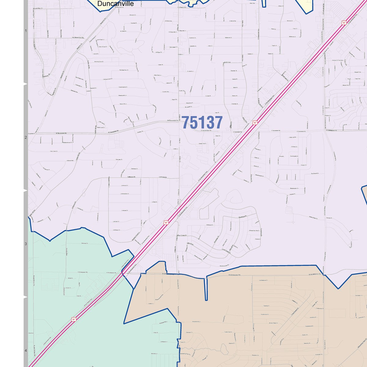Colorcast Zip Code Style Wall Map of Desoto, TX