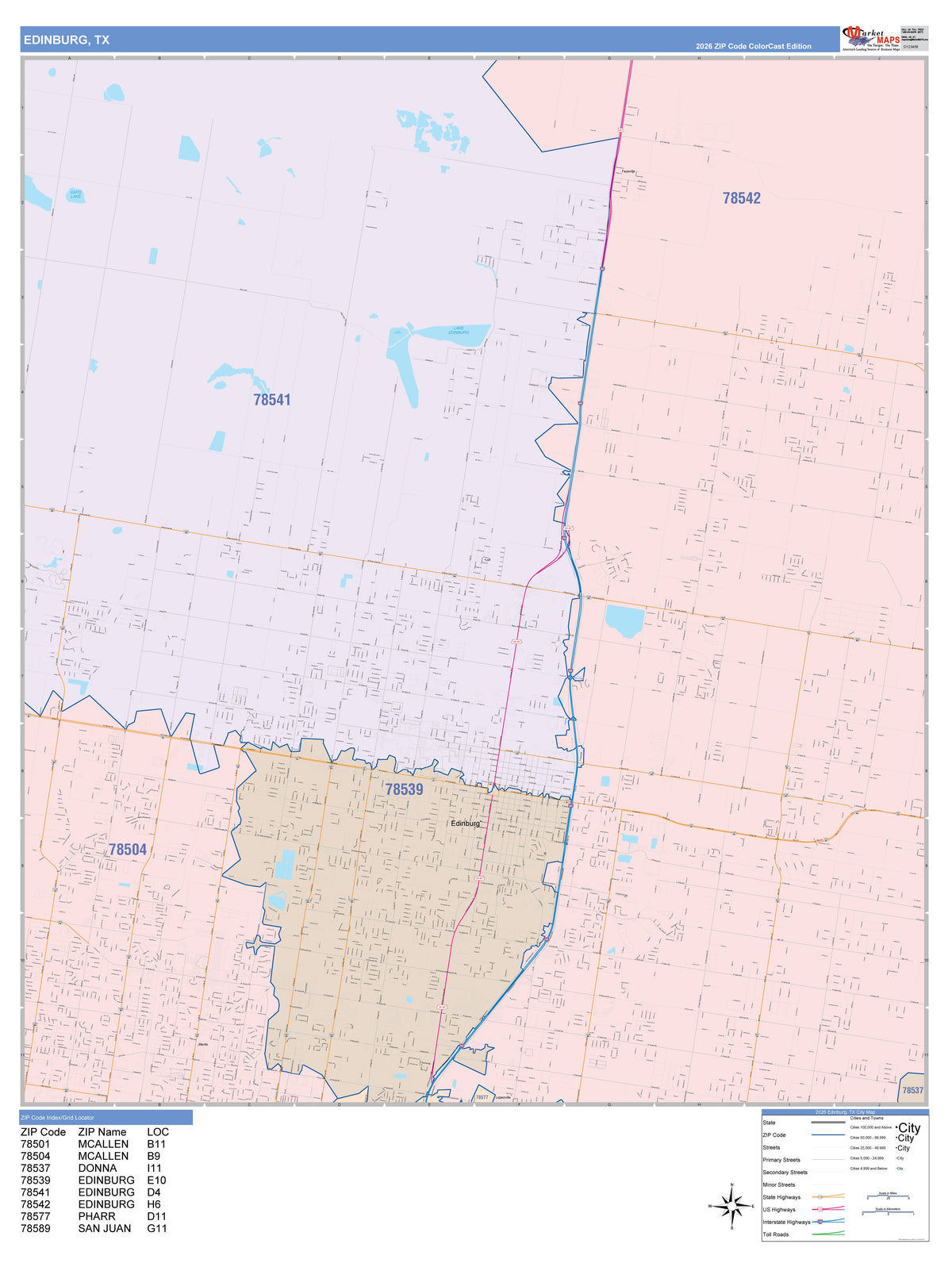 Colorcast Zip Code Style Wall Map of Edinburg, TX