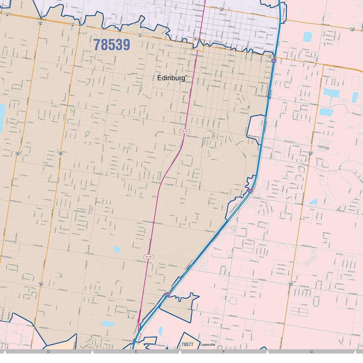 Colorcast Zip Code Style Wall Map of Edinburg, TX