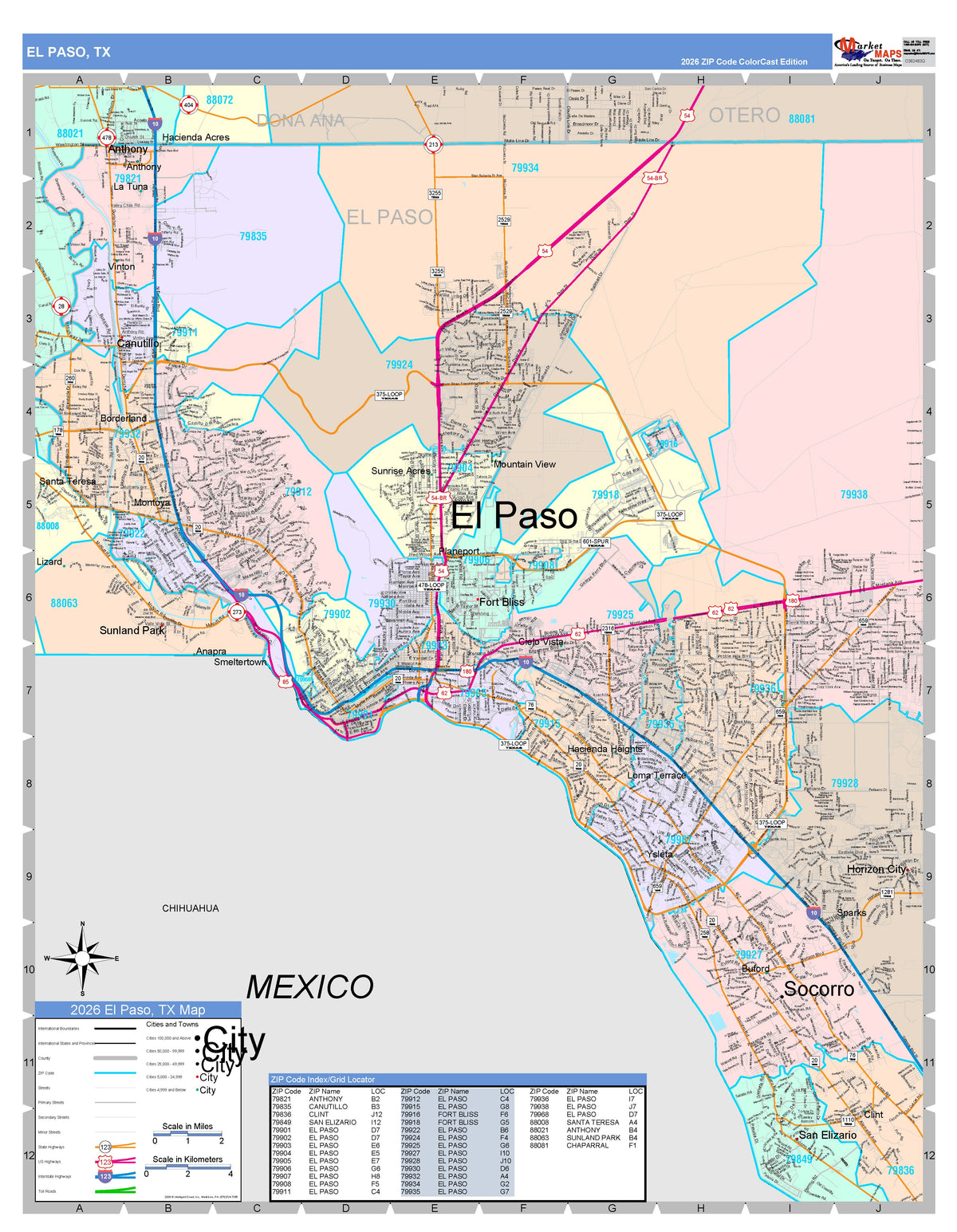 Colorcast Zip Code Style Wall Map of El Paso, TX