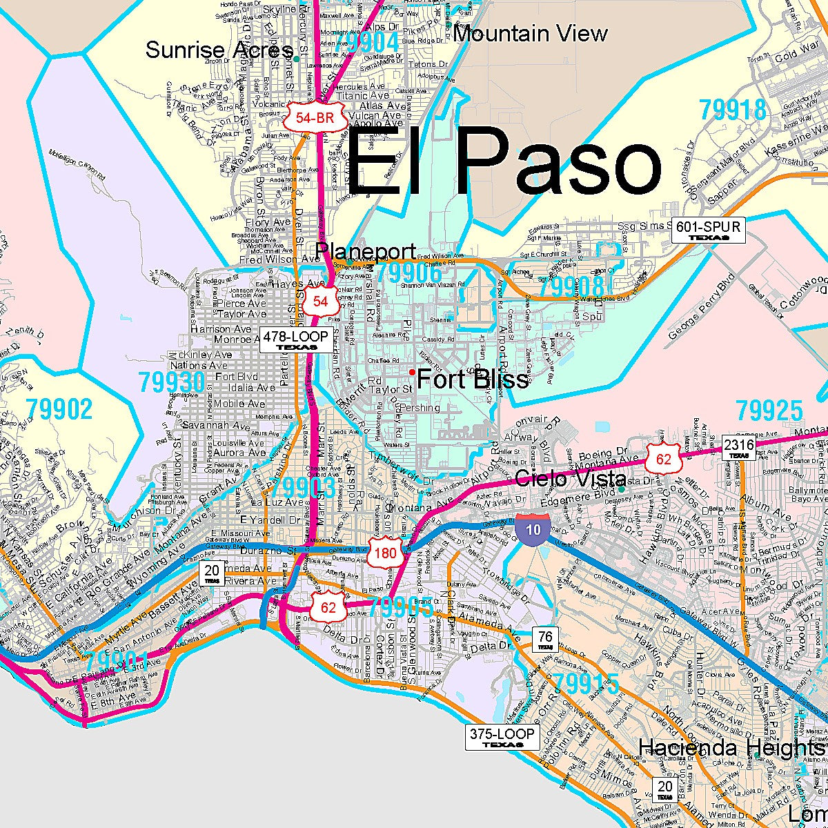 Colorcast Zip Code Style Wall Map of El Paso, TX