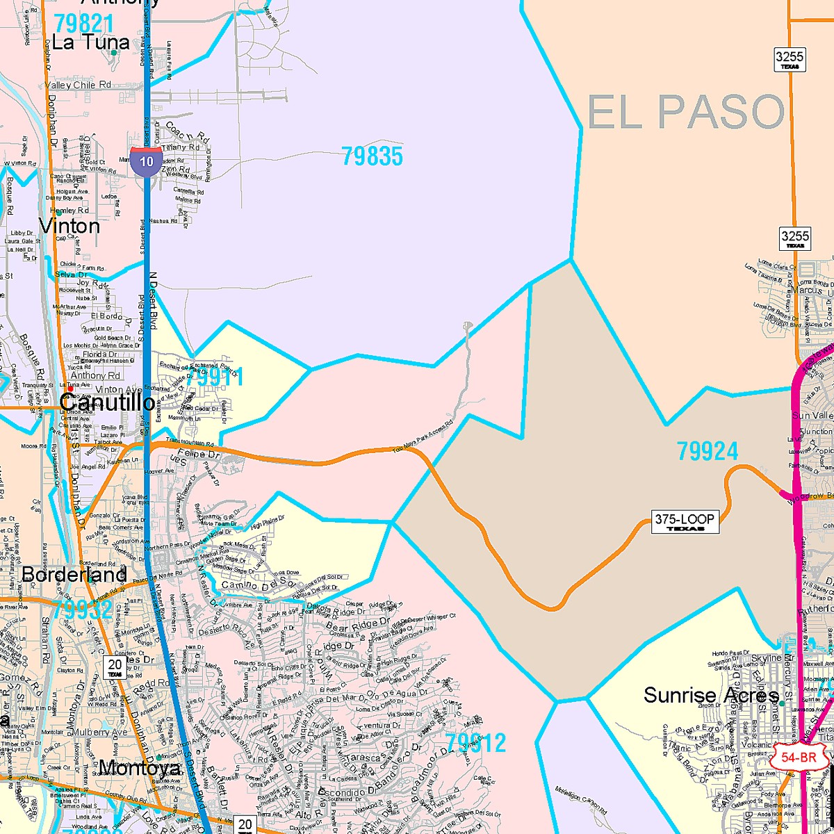 Colorcast Zip Code Style Wall Map of El Paso, TX