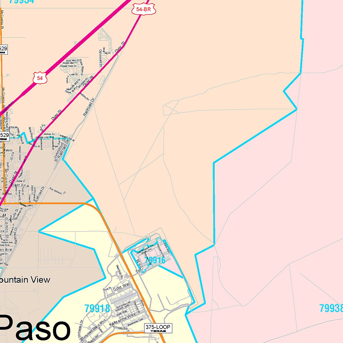 Colorcast Zip Code Style Wall Map of El Paso, TX
