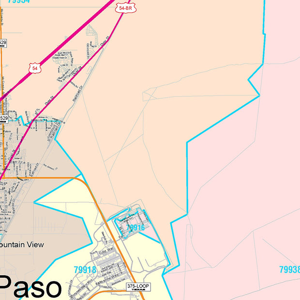 Colorcast Zip Code Style Wall Map of El Paso, TX – Texas Map Store