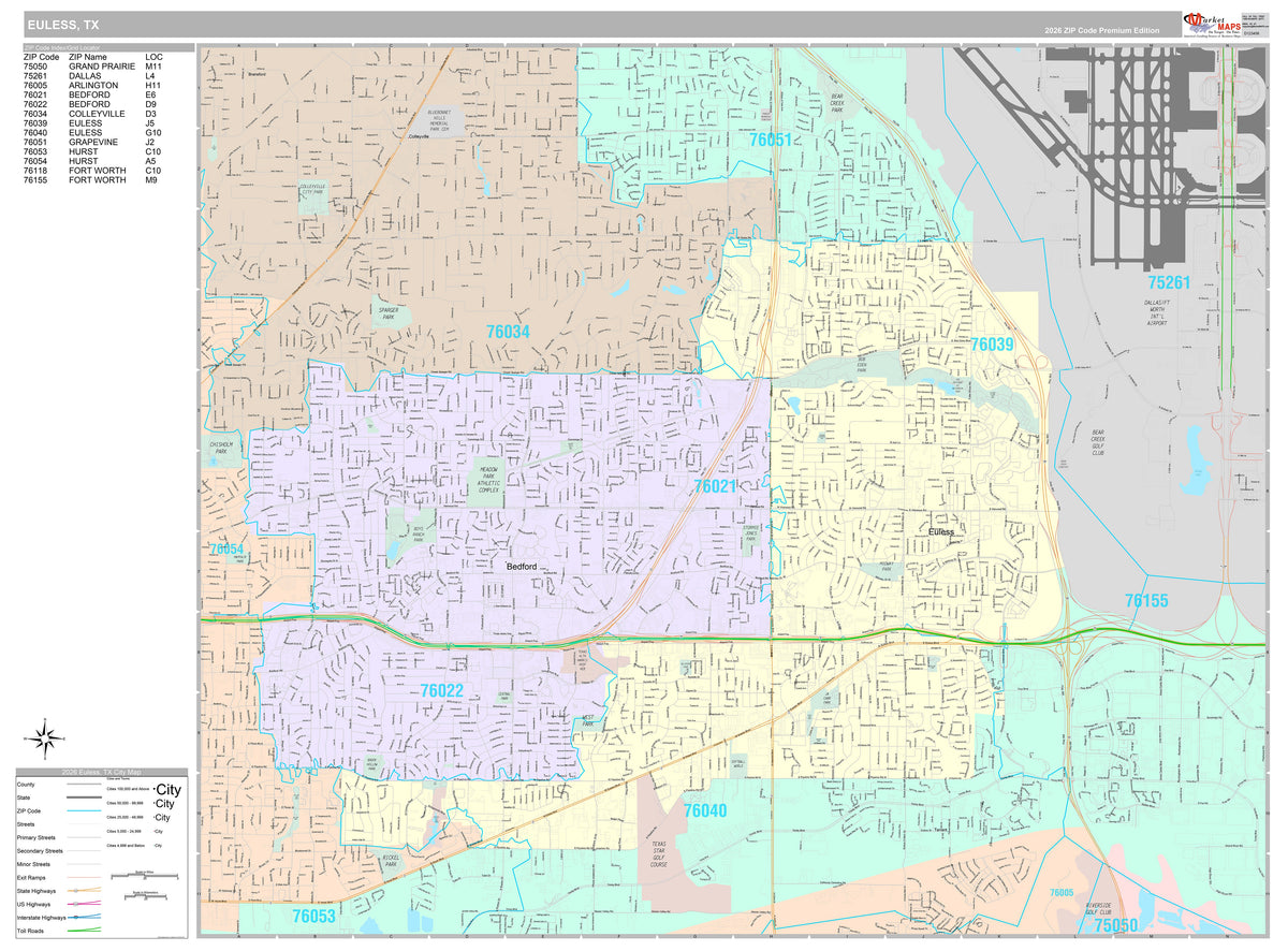 Premium Style Wall Map of Euless, TX