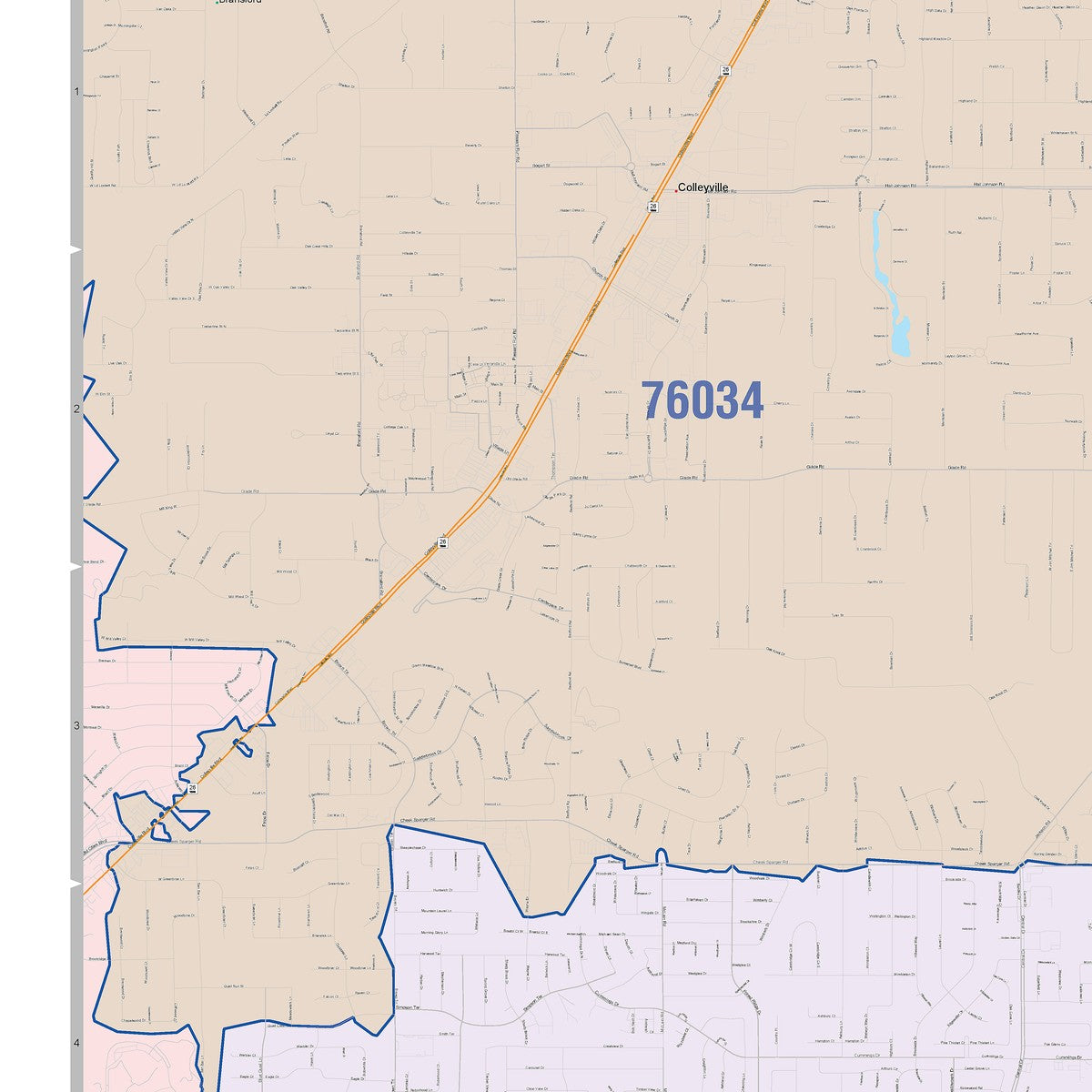 Colorcast Zip Code Style Wall Map of Euless, TX