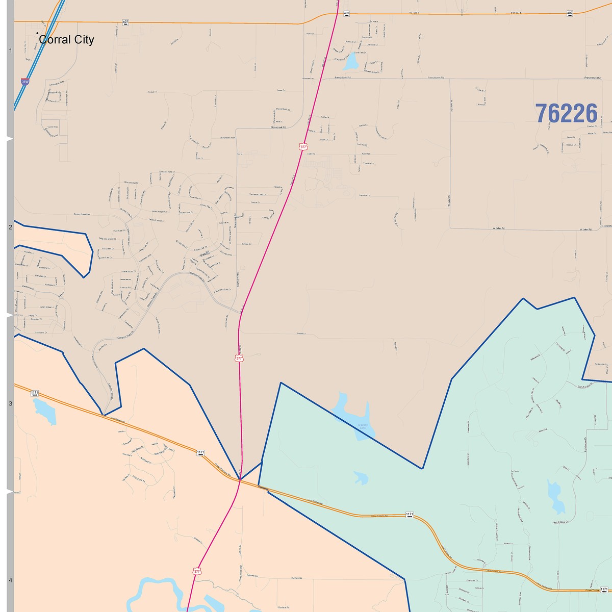 Colorcast Zip Code Style Wall Map of Flower Mound, TX