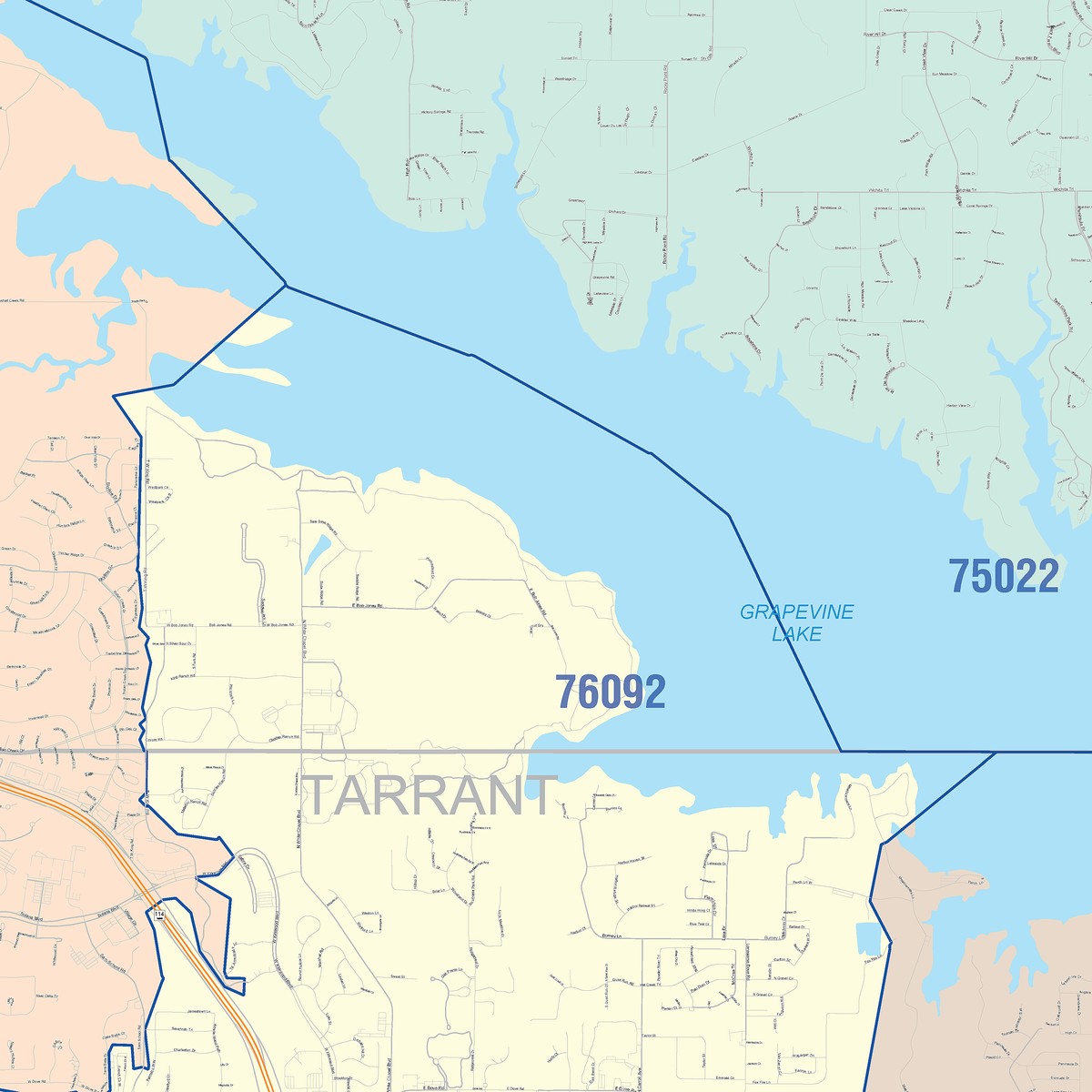 Colorcast Zip Code Style Wall Map of Flower Mound, TX