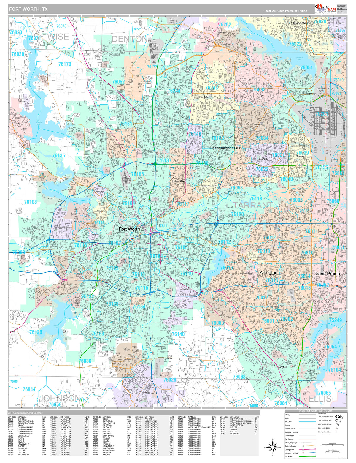 Premium Style Wall Map of Fort Worth, TX