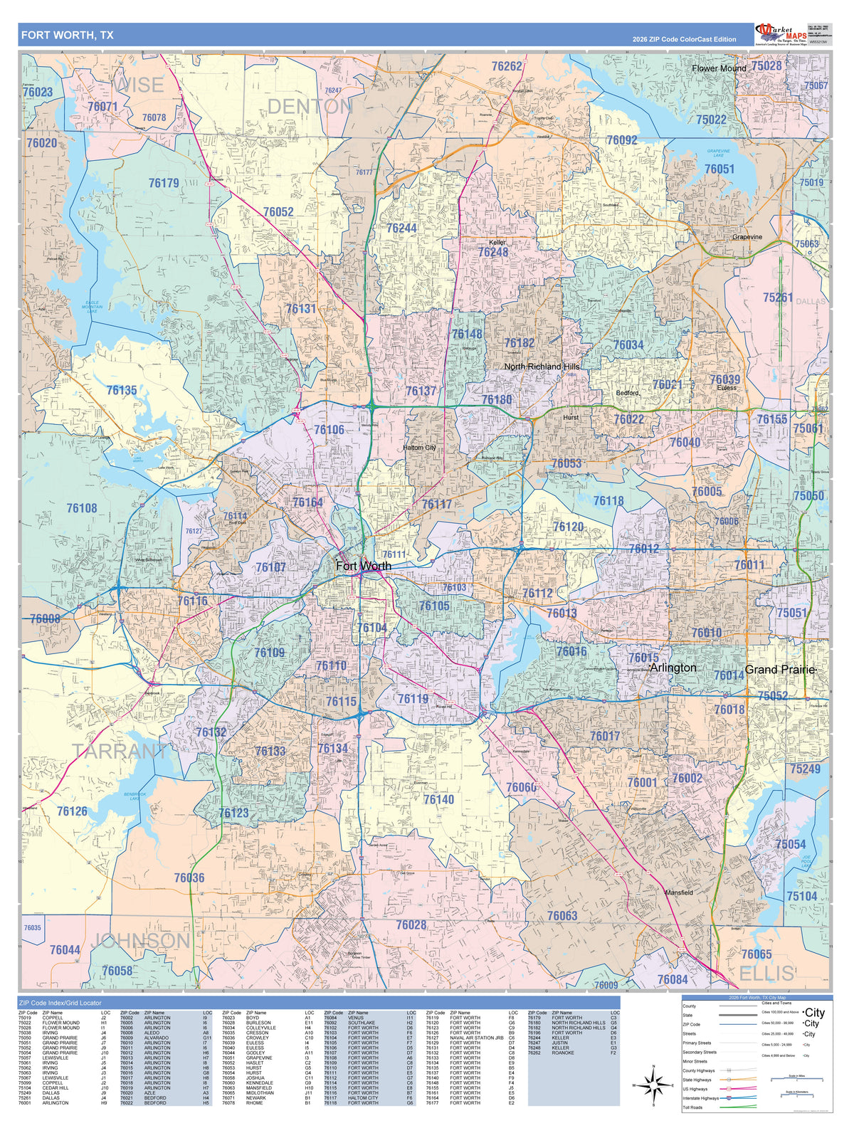 Colorcast Zip Code Style Wall Map of Fort Worth, TX