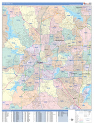 Colorcast Zip Code Style Wall Map of Fort Worth, TX