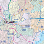 Colorcast Zip Code Style Wall Map of Fort Worth, TX